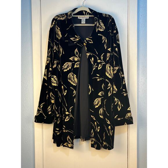 VTG Another Thyme Cardigan Jacket 4X Black Velvet Gold Glitter Leaves Whimsigoth - Picture 1 of 8